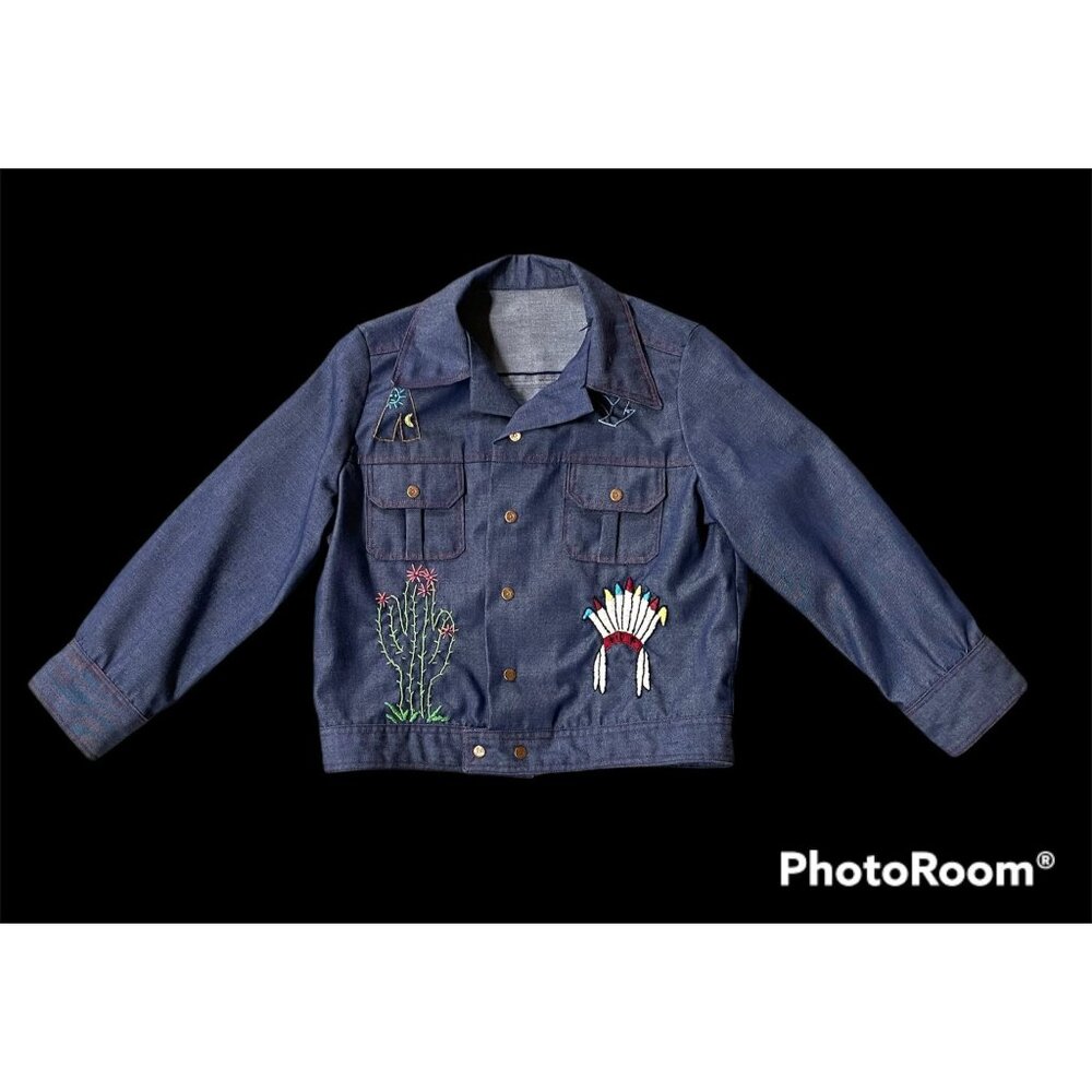 Vintage Jacket Handmade Child Embroidered Crewel Western Movie Prop Blue 1950s